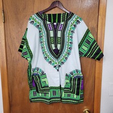 Vtg African Dashiki Shirt Tunic Ethnic Hippie Boho Multicolor Adult 2XL White