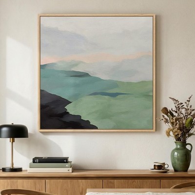 Framed Modern Neutral Green Landscape Abstract Wall Art, Square Minimalist Ca...
