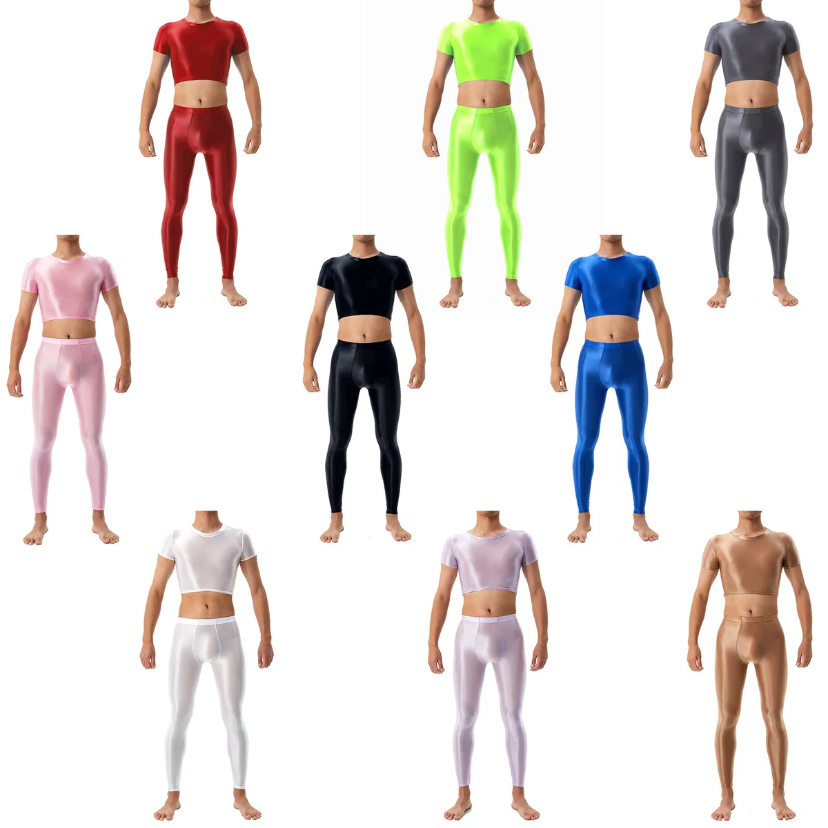 AU Men's Glossy Outfits Slim Fit Crop Top with Pants Fitness Workout Sportswear