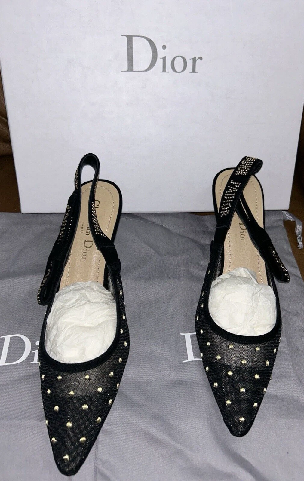 ESCARPINS J'ADOIR À BRIDES CLOUTÉES EN DAIM PLUMETIS MAILLE DIOR NOIR/OR 38