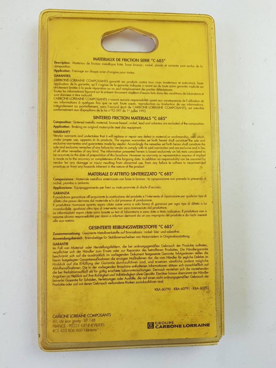 Plaquettes De Frein Arrière Carbone Lorraine 2298 Rx - Frittées Carbone - Neuves - Compatibles Honda