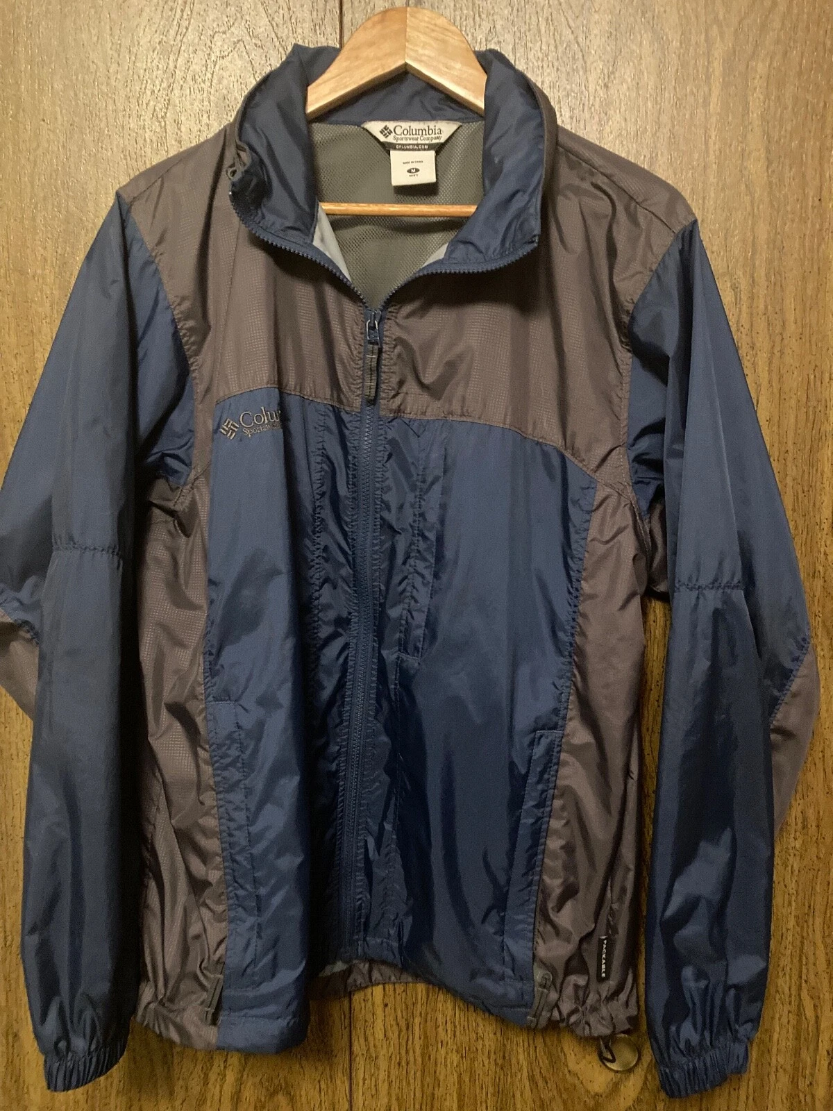 Columbia Packable Vented Blue Gray Hooded Full Zip Rain Windbreaker Jacket SZ M