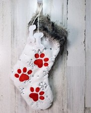 Dog Christmas Stocking 18" White w/Bone Pom Poms Faux Fur Red Paws Sparkles Xmas