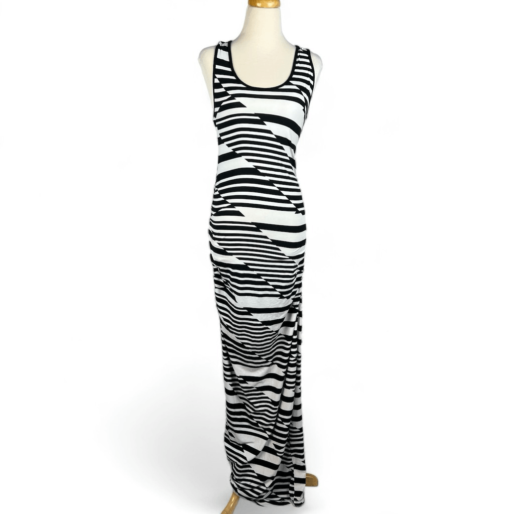 Bebe Maxi Dress Womens Medium Stripe Racerback Black & White Ruched Sides |  eBay