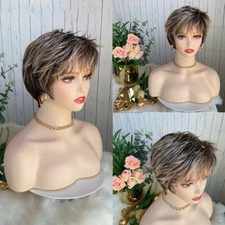 Women Short Curly Wigs Partial Bangs Brown Blonde Boycut Pexie Wig Party Cosplay