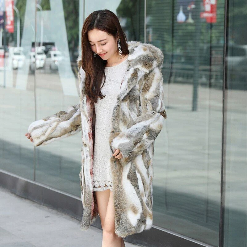 New Real Natural Rabbit Fur Coat With Hood Women's Fashion Fur