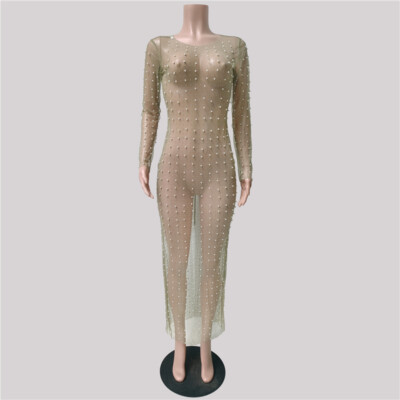 Lady See Through Maxi Mesh Dress Beaded Sheer Long Sleeve Sexy Club Beach Dress | eBay Lady See Through Maxi Mesh Dress Beaded Sheer Long Sleeve Sexy Club Beach Dress | eBay