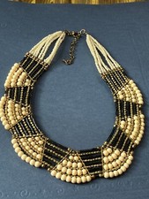 Cream w Black  Goldtone Bead Egyptian Style Collar Necklace   15 inches in leng