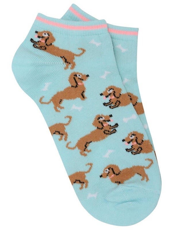 Dachshund Dog Print Ankle Sock Light Blue
