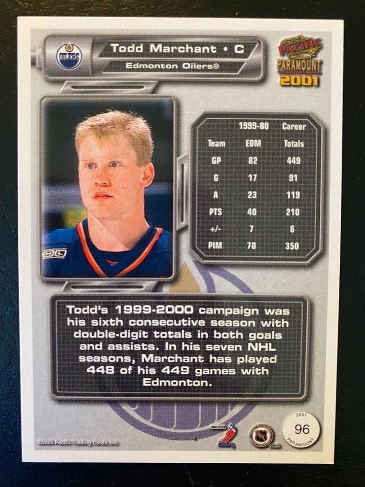 Todd Marchant 2000-01 Pacific Paramount 2001 #96 Edmonton Oilers - Image 2 of 2