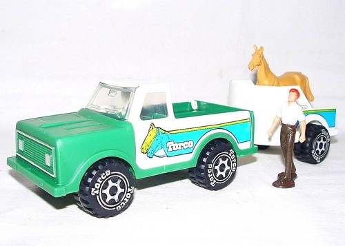 TORCO Green Grass FORD BRONCO Pick-Up HORSE TRAILER Pressed Steel Car Set MIB`81 - Picture 6 of 10