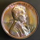 1938 S LINCOLN CENT BU FRESH FROM ORIGINAL ROLL-LOT 581 RAINBOW TONED