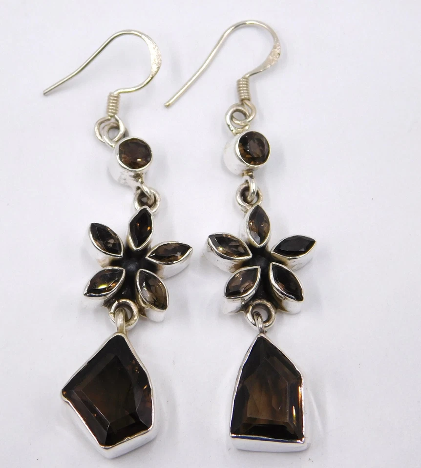 13.2 Gm 925 Sterling Silver Natural Smoky Gemstone Handmade Earring Size 2.5" - Image 3 of 4