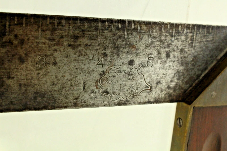 =Antique Right Angle Measuring Tool Iron Blade Wood & Brass Handle Mrkd OAK LEAF - Image 3 of 4