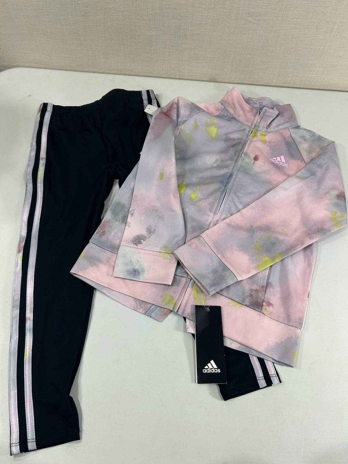 Adidas Girls 2pc Outfit Pink Tie Dye Track Suit Pants & Jacket Set Size 6