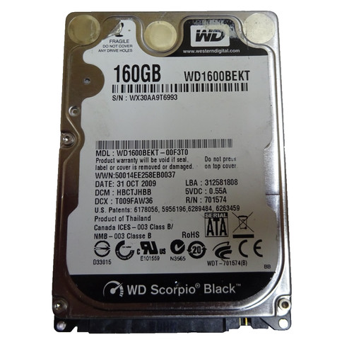 160GB SATA HDD WESTERN DIGITAL WD1600BEKT-00F3T0 SN: WX30AA9T6993 2,5 " #NFP1088