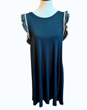 Loft Sz L Black Knit Dress Striped Ruffled Flutter Sleeves Swing A Line