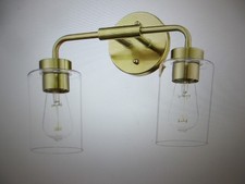 JAZAVA 14.4 in. 2 Light Brushed Gold Vanity Light with Clear Glass Shade