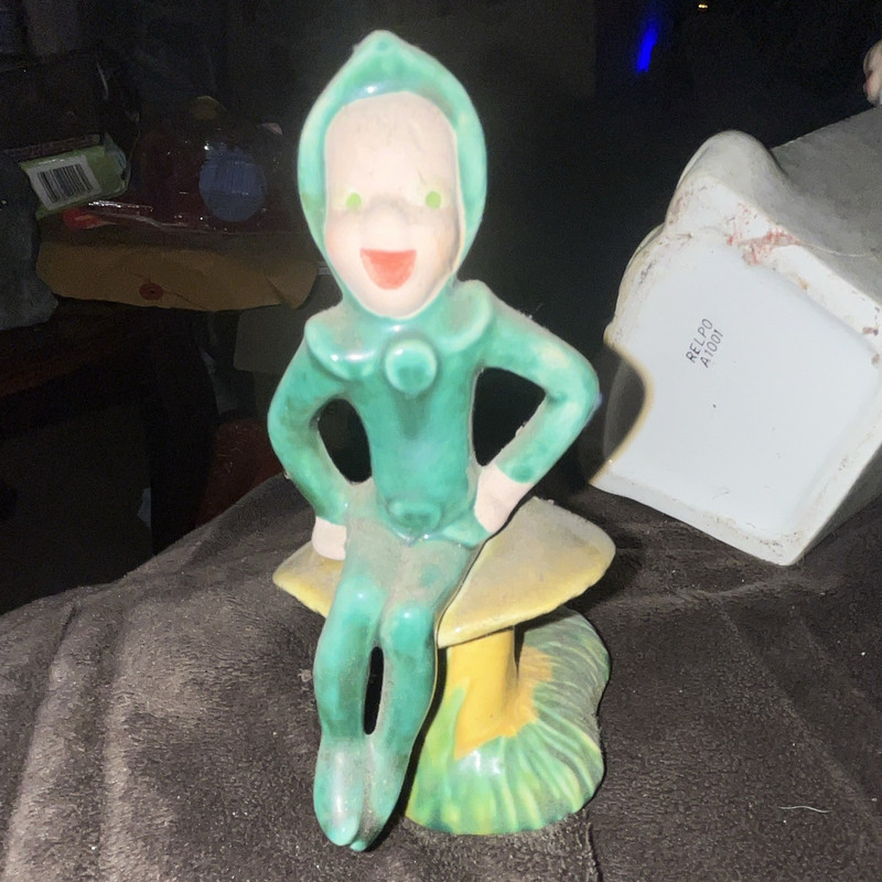 Fantasy Green Elf Figurine Sitting on Mushroom Base Marked "PP"