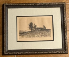 Nan Lindahl “Hillside” Etching — (1900-1935) Signed Landscape with Barn — 16″×13