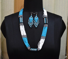 Handmade Necklace Tribal Style Turquoise Multi-Strand Seed Bead Jewellery Set
