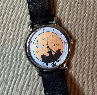 Vintage Working Meow Brand Black Cat Kitty Wrist Watch Leather Band