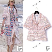 CHANEL 19S White Red Cotton Tweed Jacket Runway Karl Lagerfeld 46 US14