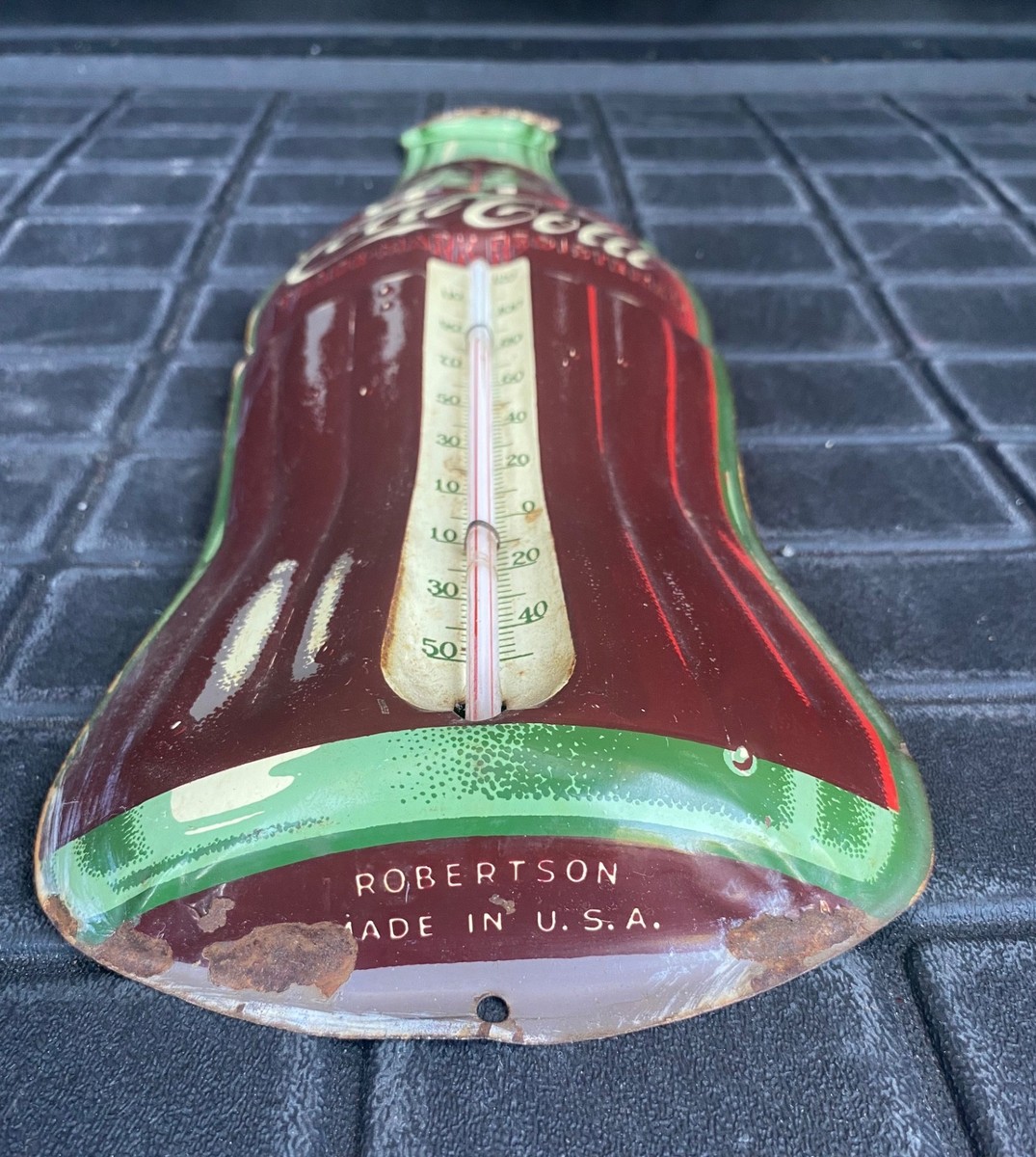 1950s/1960s Coca-Cola Tin Bottle Thermometer Sign Robertson USA
