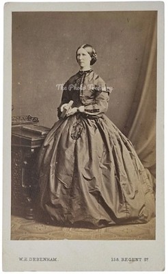 CDV LADY IN LARGE CRINOLINE DRESS HOOP SKIRT PLAITED HAIRSTYLE DEBENHAM LONDON