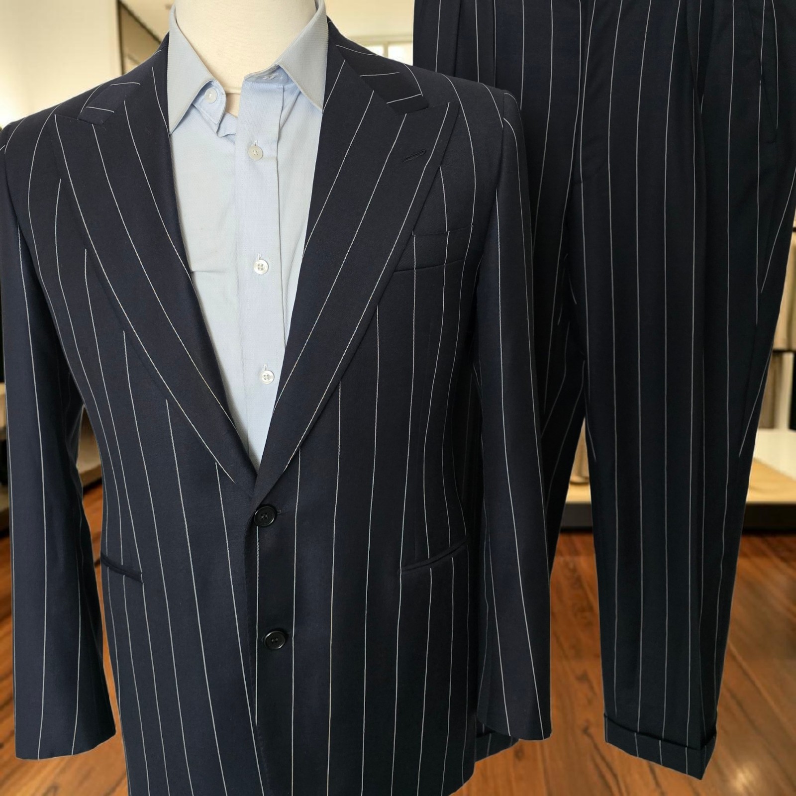 Bespoke Peak Lapel Suit 38r 33x28 Navy Bold Pinstripe Full Canvas Working Cuff