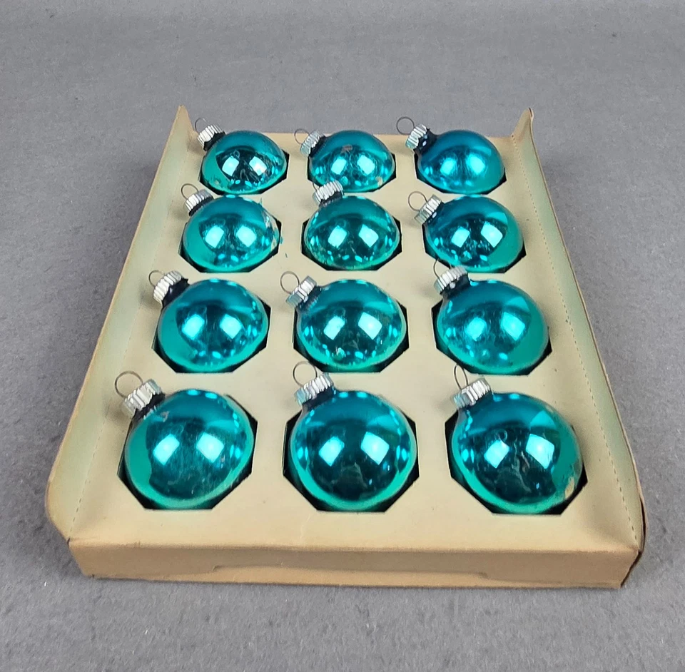 12 adornos navideños vintage brillantes Brite vidrio mercurio azul con caja 1967 Foto 4 de 4