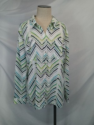 Chevron Striped Button Down Shirt XL Blue Green Geometric Career Office Casual