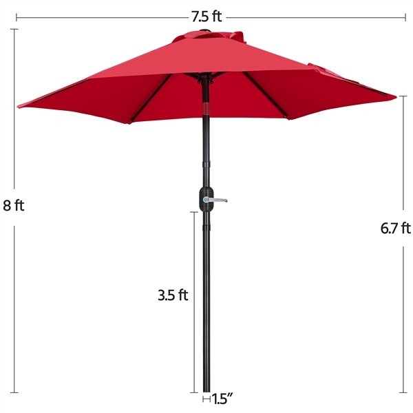 7.5FT Patio Umbrella 6 Ribs Market Umbrella w/ Push Button Tilt and Crank, Red