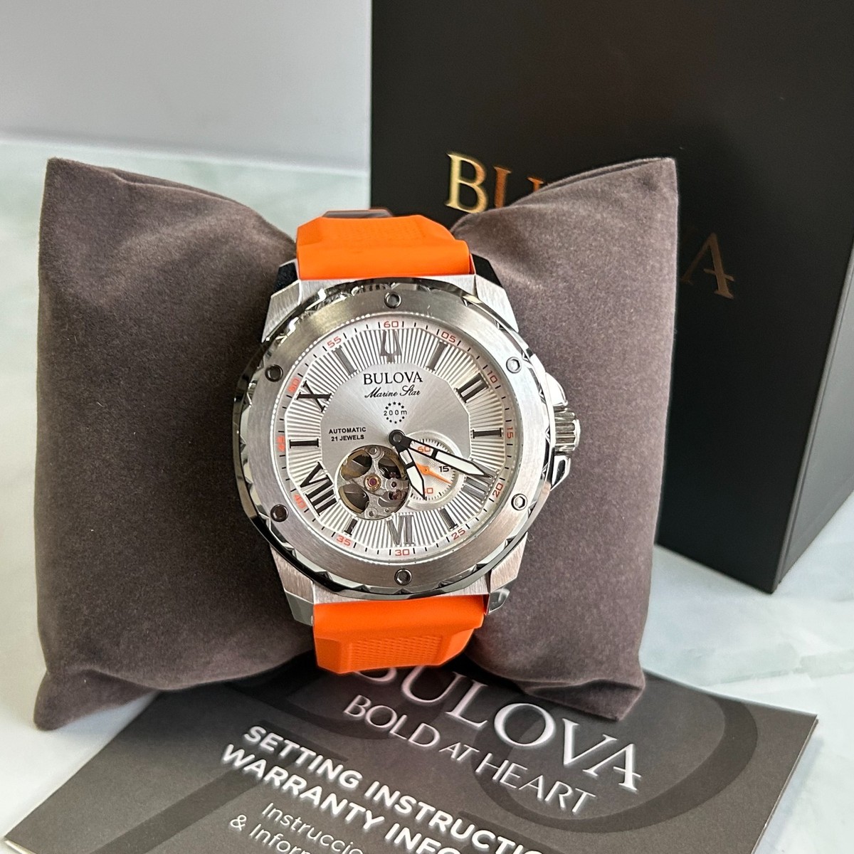 Bulova Marine Star 98A226 White Dial Orange Rubber Strap Men