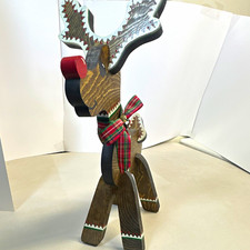Wooden Christmas Reindeer Rudolph Red Nose Plaid Bow Folk Art Decor 16.5"