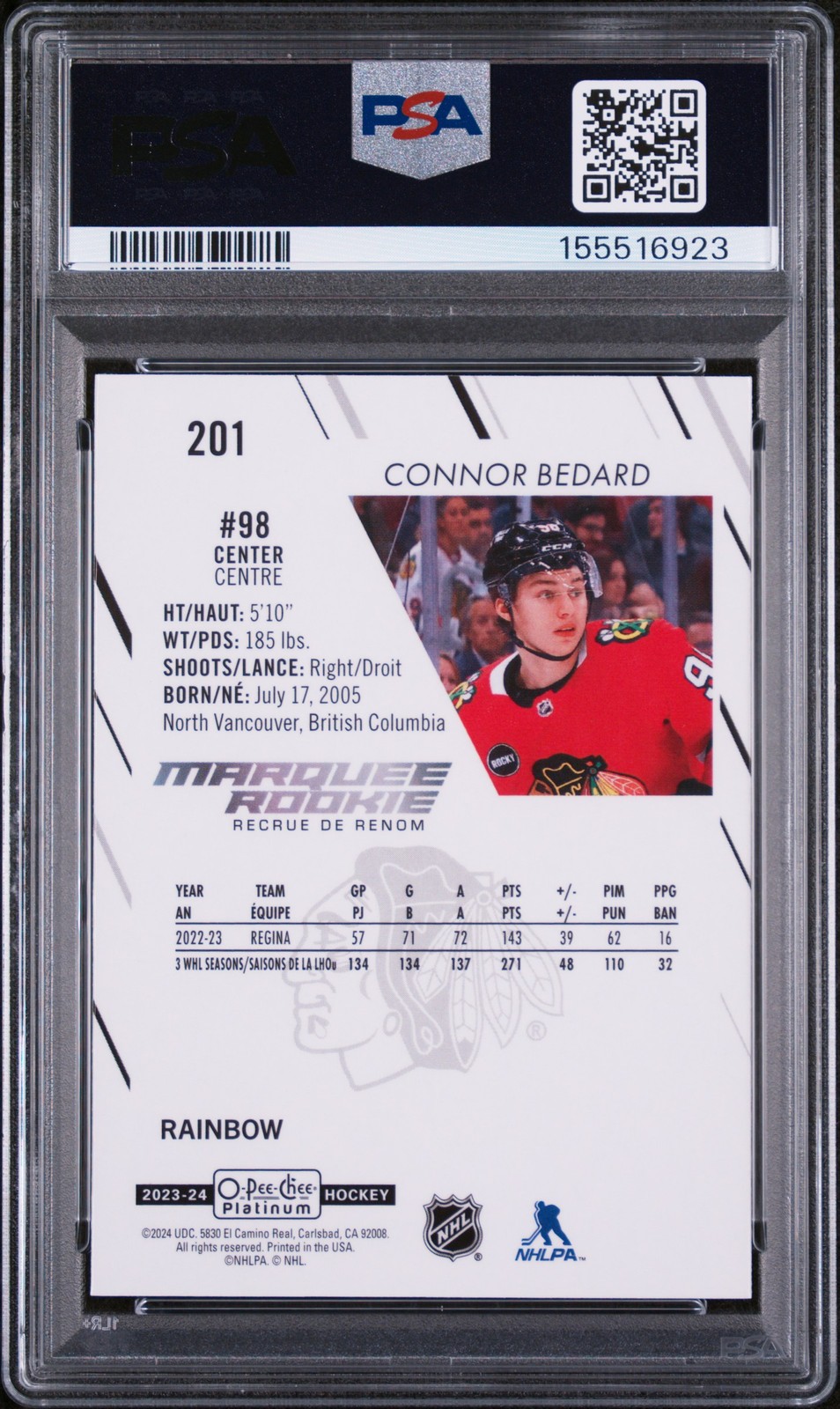 2023 UD O-PEE-CHEE PLATINUM RAINBOW #201 CONNOR BEDARD PSA 9 view 2