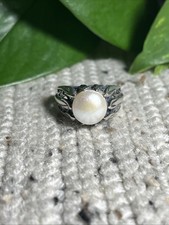 Vintage Sterling Silver 925 Leaf  Pearl Ring Size 7