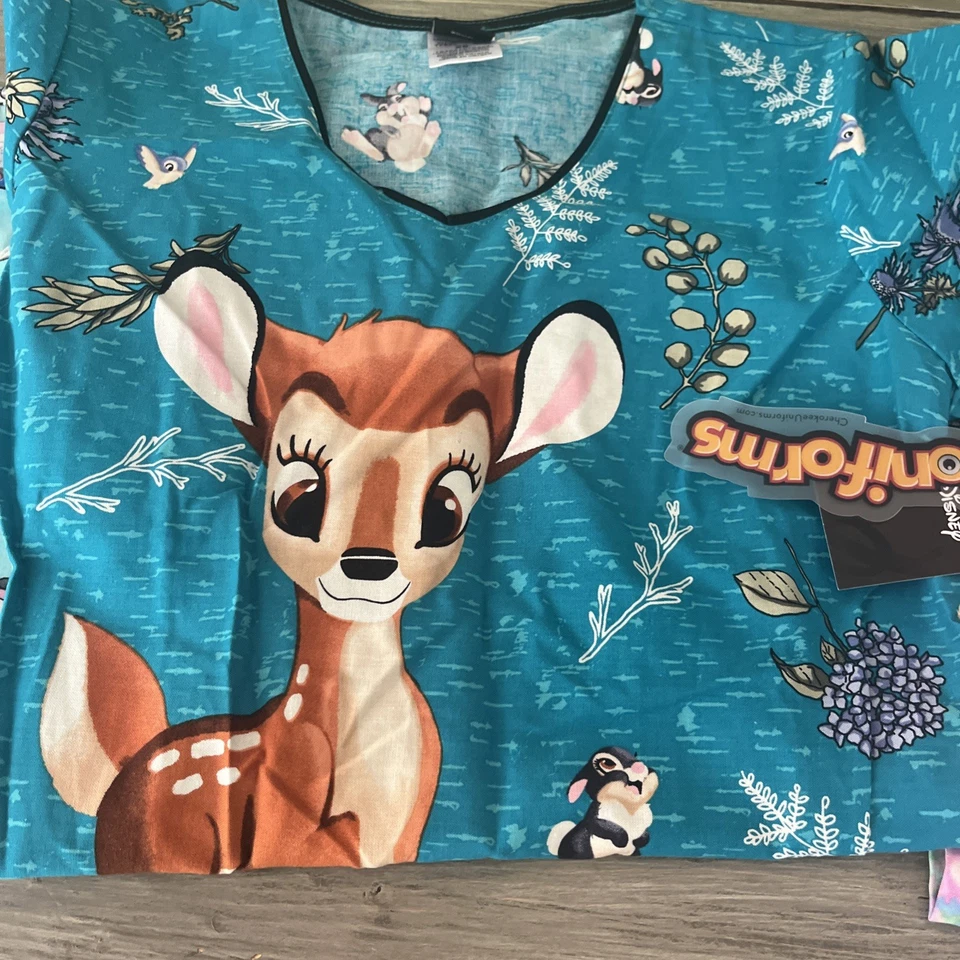 Disney Scrubs Tops Lot Womens Size XS Colorful Floral  Stitch Bambi NWT Betsy - Image 3 of 4
