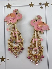 RARE 3.75" Lunch at the Ritz Flamingo Signed Clip On Dangle Earrings W/ Card