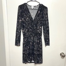Peyton Jensen Womens Black Abstract Long Sleeve Faux Wrap Dress XS Pockets
