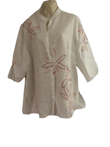 White 3/4 Sleeve Long Top / Embroidered Size XL Bust-116 Cm Cotton Mix Dolina - Picture 2 of 7