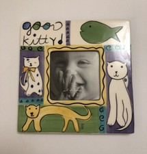 Adorable Cat Motif Ceramic Picture Photo Frame Hand Painted GOOD KITTY Vtg 7  x7  