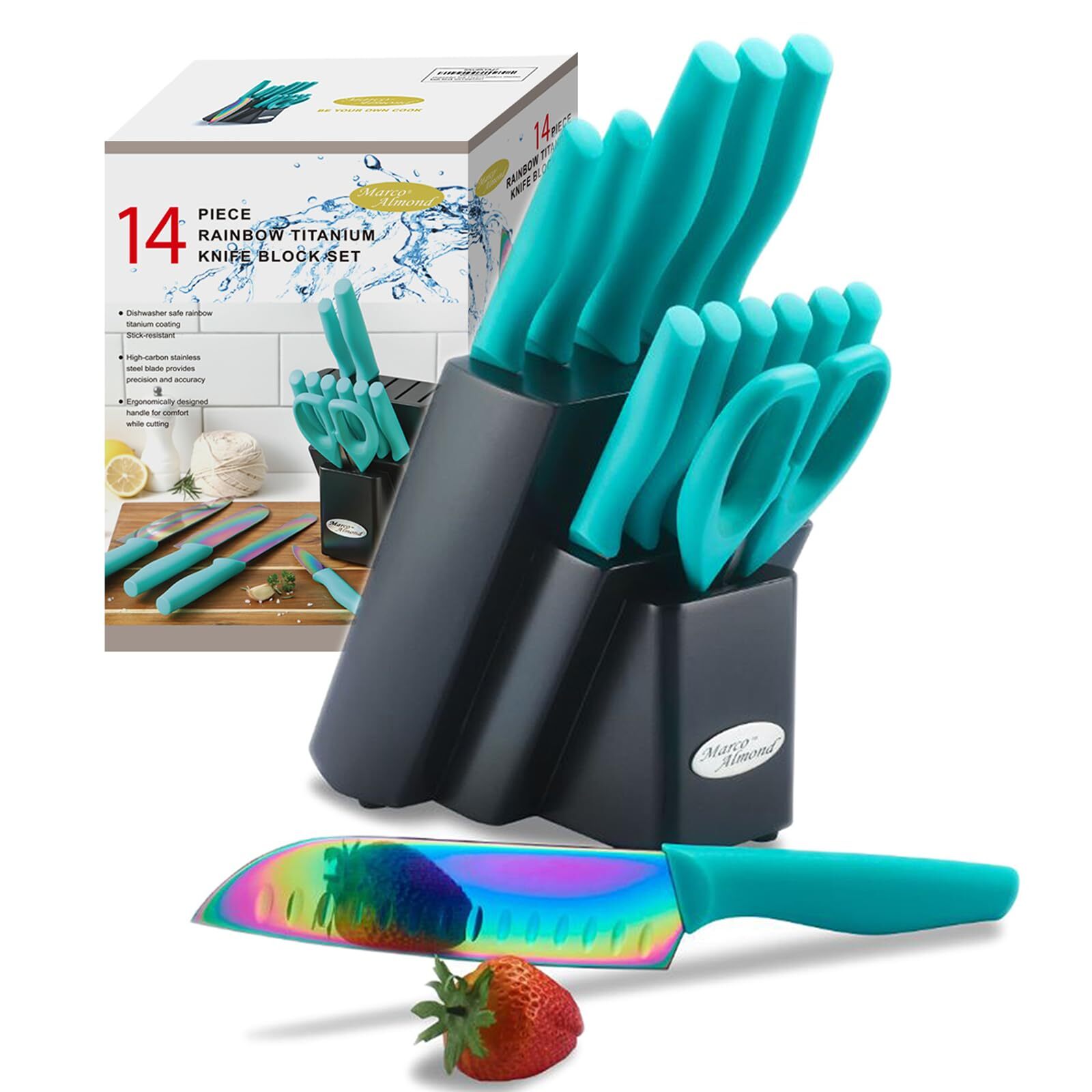 Knife Block Set, Knife Set Rainbow Color, 14 Piece Stainless Steel Kitchen Kn...-image