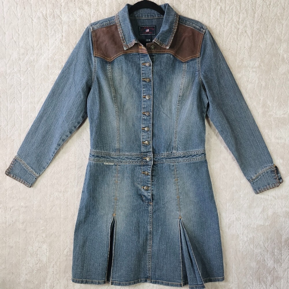 VTG 90s Y2K Polo Denim Dress Sz 16 Pleated Skirt Cowgirl Festival Woven Trim