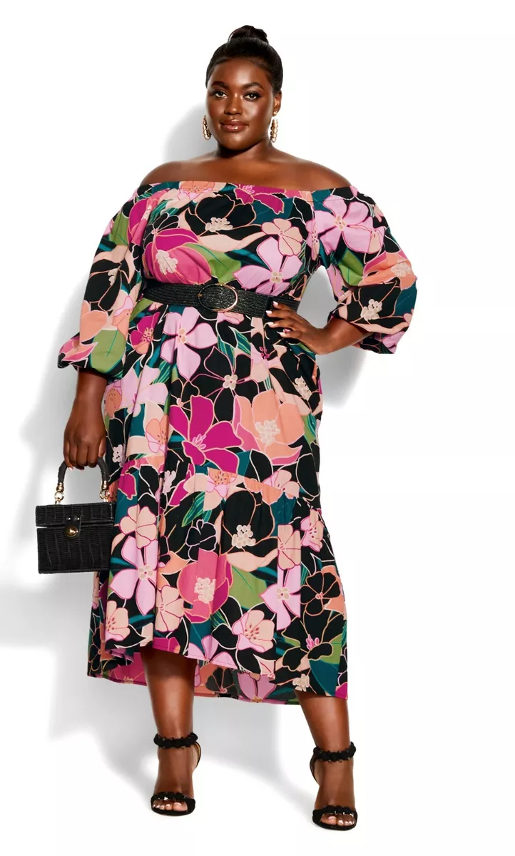 City Chic Dress Womens Plus Size Large 20 Colourful Floral Off The Shoulder  Midi