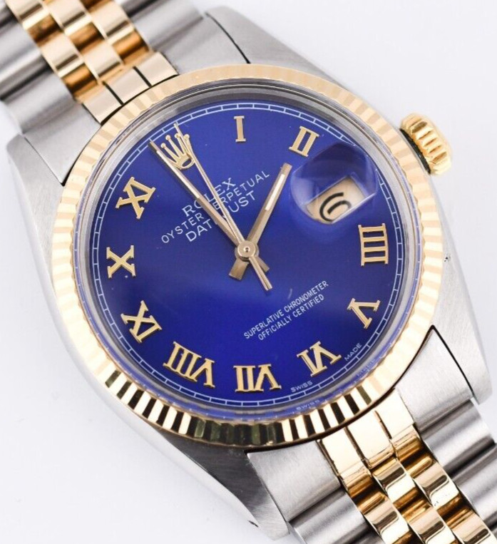 Rolex Datejust 16013 Blue Gold Roman Dial 36mm Watch 18K Gold