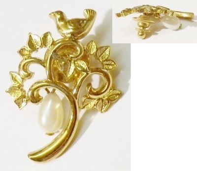 Broche/Pins Vintage Or Avec Motif Arbre Et Oiseau - Pour Revers De Veste Ou Boutonnière