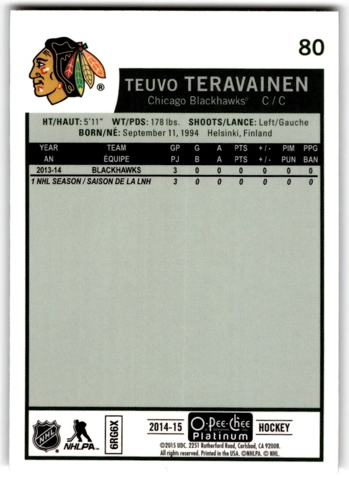 2014-15 O-Pee-Chee Platinum Retro Teuvo Teravainen Rookie #80 Chicago Blackhawks - Image 2 of 2