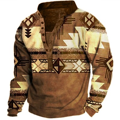 Men Ethnic Print Henley Collar Sweatshirt Retro Casual Outdoor Long Sleeves  Tops | eBay