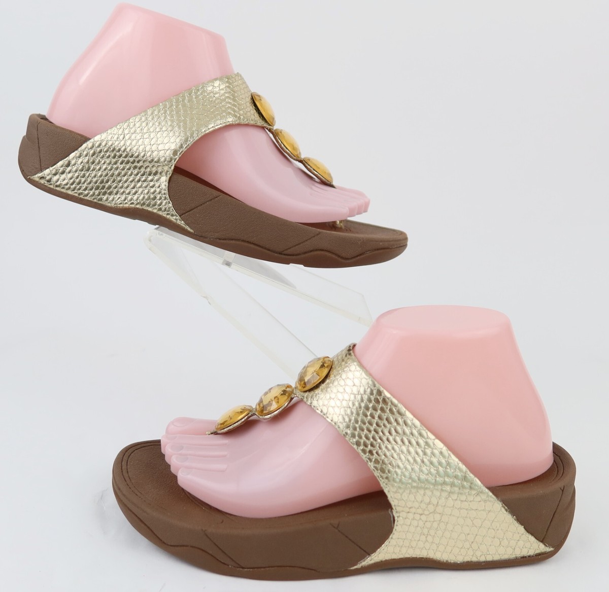 Fitflop Petra Leather Toe-Post Sandals Prism Jewels Gold Snake Size